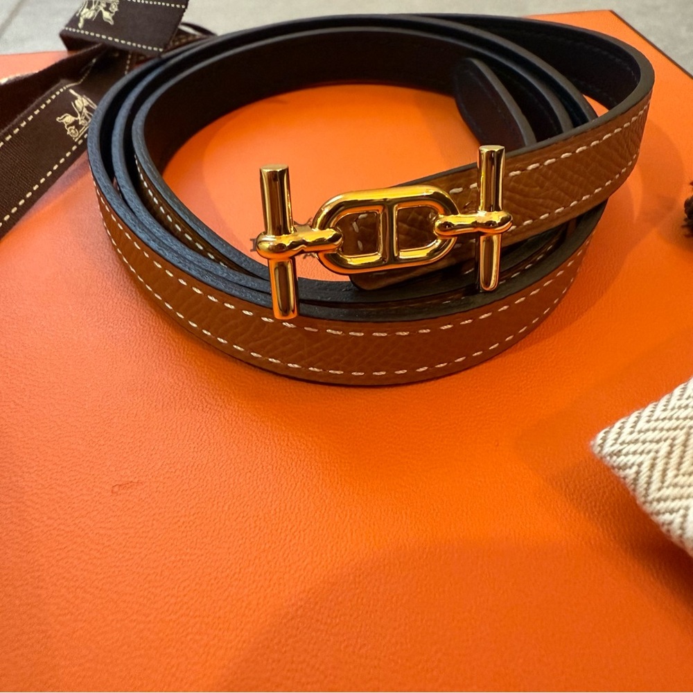 Hermes Reversible Calfskin Leather Strap Belt 13mm with Ancre Buckle in Gold - Picture 5 of 6